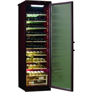 Шкаф холодильный д/вина, 120бут., 1 дверь стекло, 9 полок, 1 подставка, ножки, +5/+18С, дин.охл., бордовый