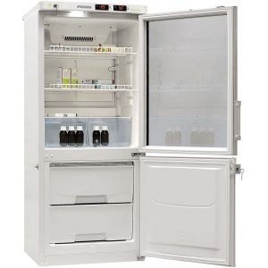 Шкаф комбинированный медицинский,  250л, 2 двери: стекло+глухая, ножки, +2/+15С и -10/-25С, белый, нижняя морозилка, R600а