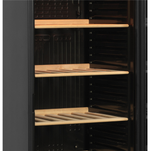 Шкаф холодильный для вина, 118бут. (372л), 1 дверь стекло, 6 полок, ножки+колеса, +1/+18С, дин.охл., чёрный, R600a, LED