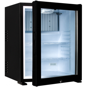 Шкаф холодильный для напитков (минибар),  38л, 1 дверь стекло, 2 полки, ножки, +8/+11С, абсорбционное охл., чёрный, замок