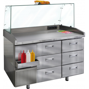 Станция для хот-догов напольная: стол холодильный,  6 ящиков: 5GN1/1+1GN1/3, защитное стекло, агрегат левый, ножки, холдер 3GN1/9, 3 розетки, 2 подст