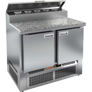 Стол холодильный саладетта, GN1/1, L1.00м, без борта, 2 двери глухие, ножки, +2/+10С, нерж.сталь, дин.охл., агрегат нижний, R134a, гнездо GN1/3+GN1/1 HICOLD 70281