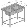 Стол входной Финист Стол входной для посудомоечной машины (1200х730х900) обвязка с 4-х сторон, борт 45мм, 2 мойки 500х400х250мм цельн., 2 отв.для смес., зацеп сл.,от.з.но